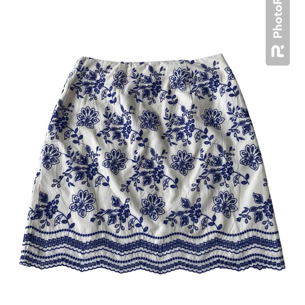 Loft Embroidered Pencil Skirt Blue Eggshell Straight Lined NWT Ladies 4P Petite - Picture 2 of 3